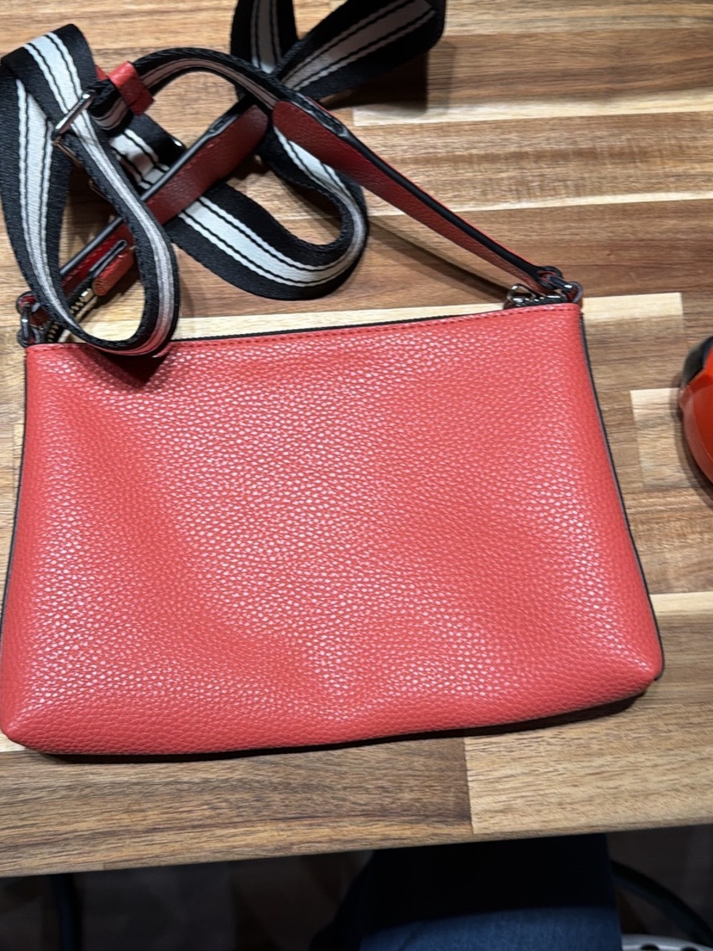 Marc Jacobs Coral-Red Pebbled Leather Crossbody with Black-White Striped Strap - Picture 2 of 3